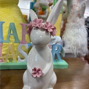 White Ceramic Bunny with Pink Flower Accents